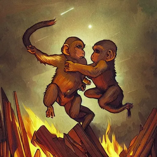 Image similar to [two monkeys throwing books in a bonfire, behind them space rockets are taking off. propaganda, closeup, D&D, intricate, elegant, highly detailed, digital painting, artstation, concept art, matte, sharp focus, illustration, art by Artgerm and Greg Rutkowski and Alphonse Mucha and Enki Bilal]