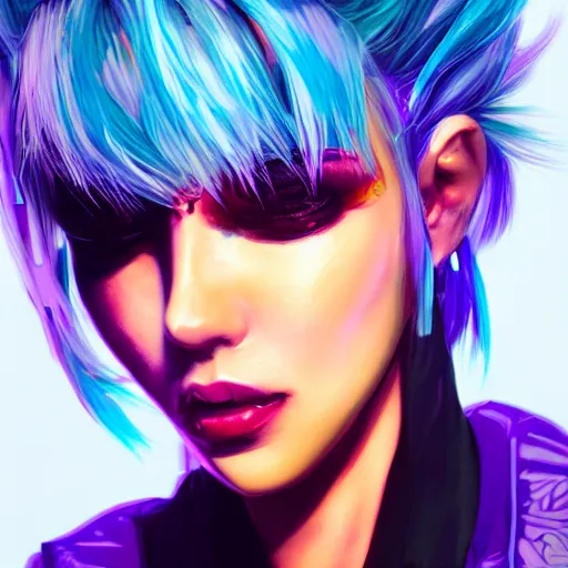 Image similar to A colourful neon filled painting of a female gang leader with white hair by Wlop and Z eD, Cyberpunk, handsome face, bomber jacket, white hair, yellow iris, golden eyes, trending on artstation, pixiv, 4k, HDR, unreal engine