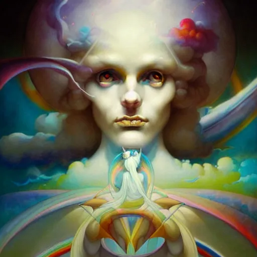 Image similar to psychedelic angelic celestial being artwork of peter mohrbacher, by henry fuseli, ayahuasca, energy body, sacred geometry, esoteric art, rainbow colors, realist, abstract and surreal art styles with anime and cartoon influences divinity