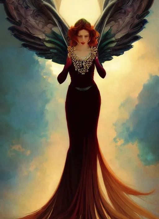 Prompt: ombre velvet gown, beautiful elegant bird woman with wings, portrait, dramatic light on face, long hair, tiara, dozens of jeweled necklaces, by greg rutkowski, brom, anato finnstark, alphonse mucha