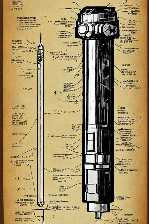 Prompt: detailed schematic of a lightsaber found in an old jedi book.