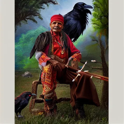 Image similar to n elderly indian don juan is sitting in a field with peyote and smoking a pipe, a raven walks next to him, beautiful fantasy detailed trending on artstation, oil painting, dramatic lighting, eterea, high quality print, fine art with subtle redshift rendering