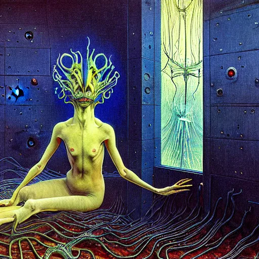 Prompt: realistic extremely detailed portrait painting of a bizarre creature sitting in the corner of an abandoned house, futuristic sci-fi landscape on background by Jean Delville, Amano, Yves Tanguy, Alphonse Mucha, Ernst Haeckel, Edward Robert Hughes, Roger Dean, rich moody colours, blue eyes