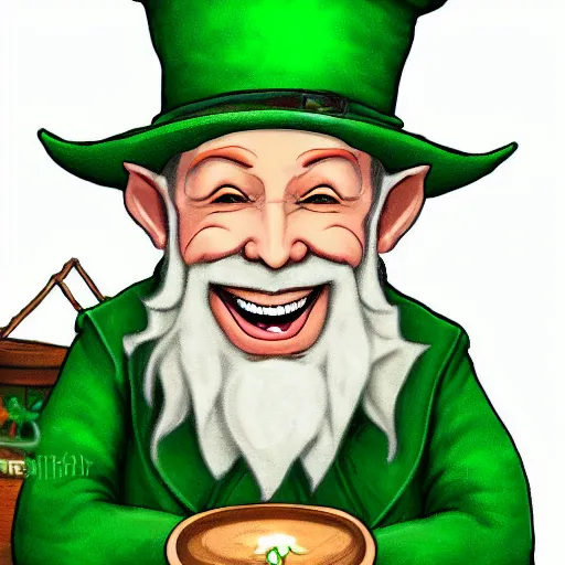 Image similar to a happy wizard leprechaun, digital art