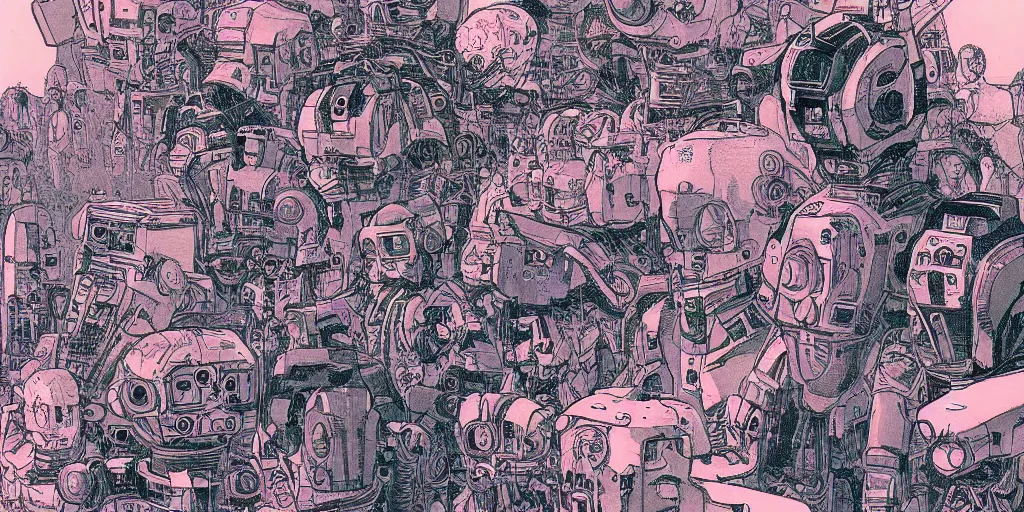 Image similar to a close - up grainy, risograph painting, hyper light drigter, a big mech droid head floating above the people, eden's world, style by moebius and kim jung gi