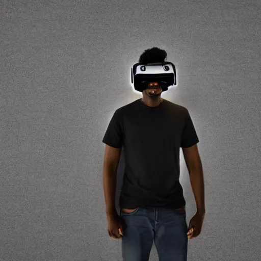 Image similar to dark skinned man wearing futuristic vr headset neon lights ambient light unity game ultra - realistic