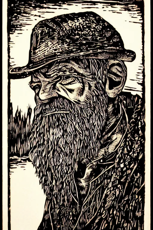 Image similar to a beautiful woodcut print of an old man, 8 k, frostbite 3 engine, cryengine, dof, trending on artstation, digital art, crepuscular ray, art by roy l davies and tugboat printshop