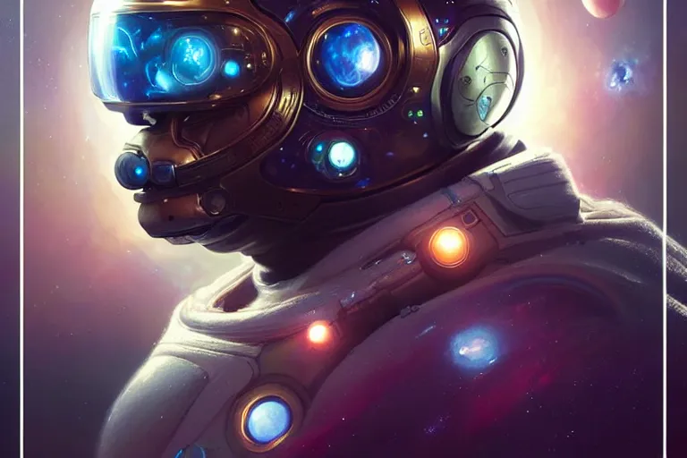 Image similar to portrait of a futuristic bulldog in a spacesuit, a nebula supernova in space, portrait, intricate, digital painting, artstation, concept art, smooth, sharp focus, illustration, cinematic lighting, art by artgerm and greg rutkowski and alphonse mucha