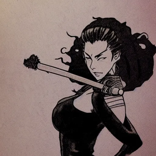 Image similar to scarlett johansson in afro samurai manga style, pencil and ink, in a bar fight