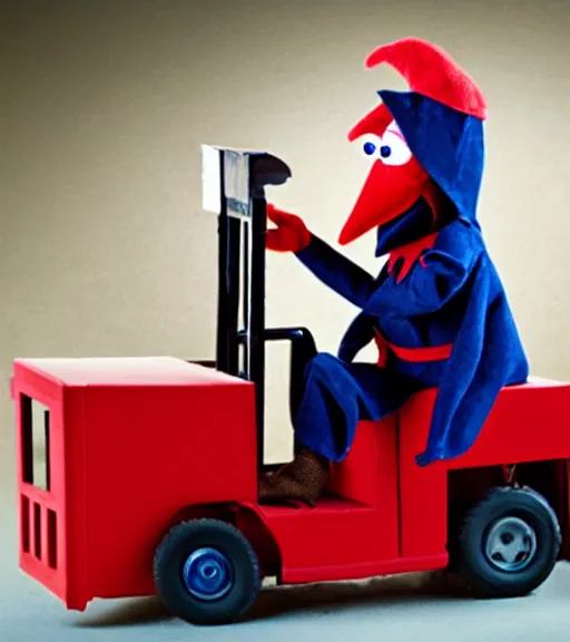 Image similar to count von count puppet, driving a forklift