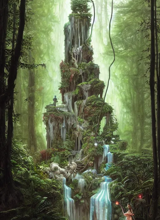 Image similar to a hyper realistic architectural witch shrine under a waterfall in the woods, gorgeous lighting, lush forest foliage, painting by chiara bautista and tom bagshaw, muca beksinski and norman rockwell and greg rutkowski weta studio, and lucasfilm