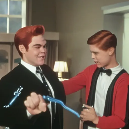 Prompt: Archie Andrews meets Mr. Weatherbee who is dressed as Darth Vader, movie still from Star Wars