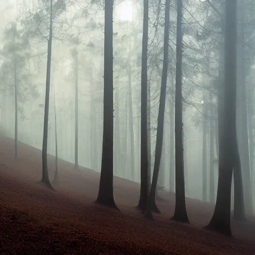 Image similar to forrest, mist, evening, dramatic shadows