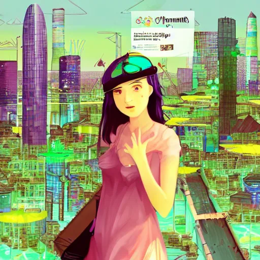 Prompt: lo - fi girl, utopian city, solarpunk