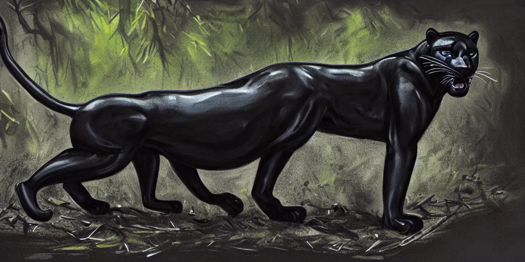 Prompt: a panther, made of smooth black goo, prowling through the forest, viscous, sticky, full of tar, covered with black goo. concept art, painting, animal drawing, color, savanna, wildlife photography, black goo, cinematic, in the style of research drawings