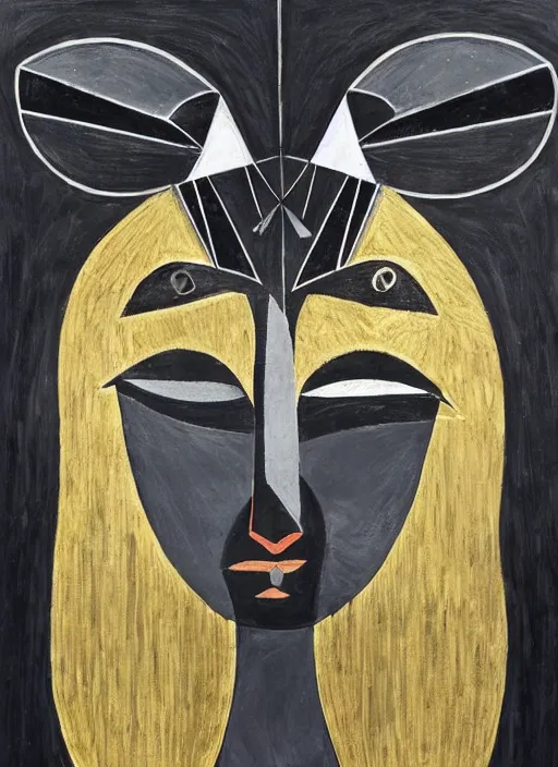 Prompt: black gold silver, crow portrait!!!!!, symmetrical, award - winning painting, abstract, gold and silver shapes, rectangles, geometry, elegant, luxurious, beautiful, pitch black background, picasso