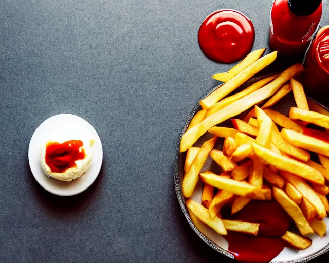 Image similar to dslr food photograph of vanilla ice cream with ketchup on, a leaf on the ice cream, french fries on the side, a bottle of ketchup, bokeh, 8 5 mm f 1. 4