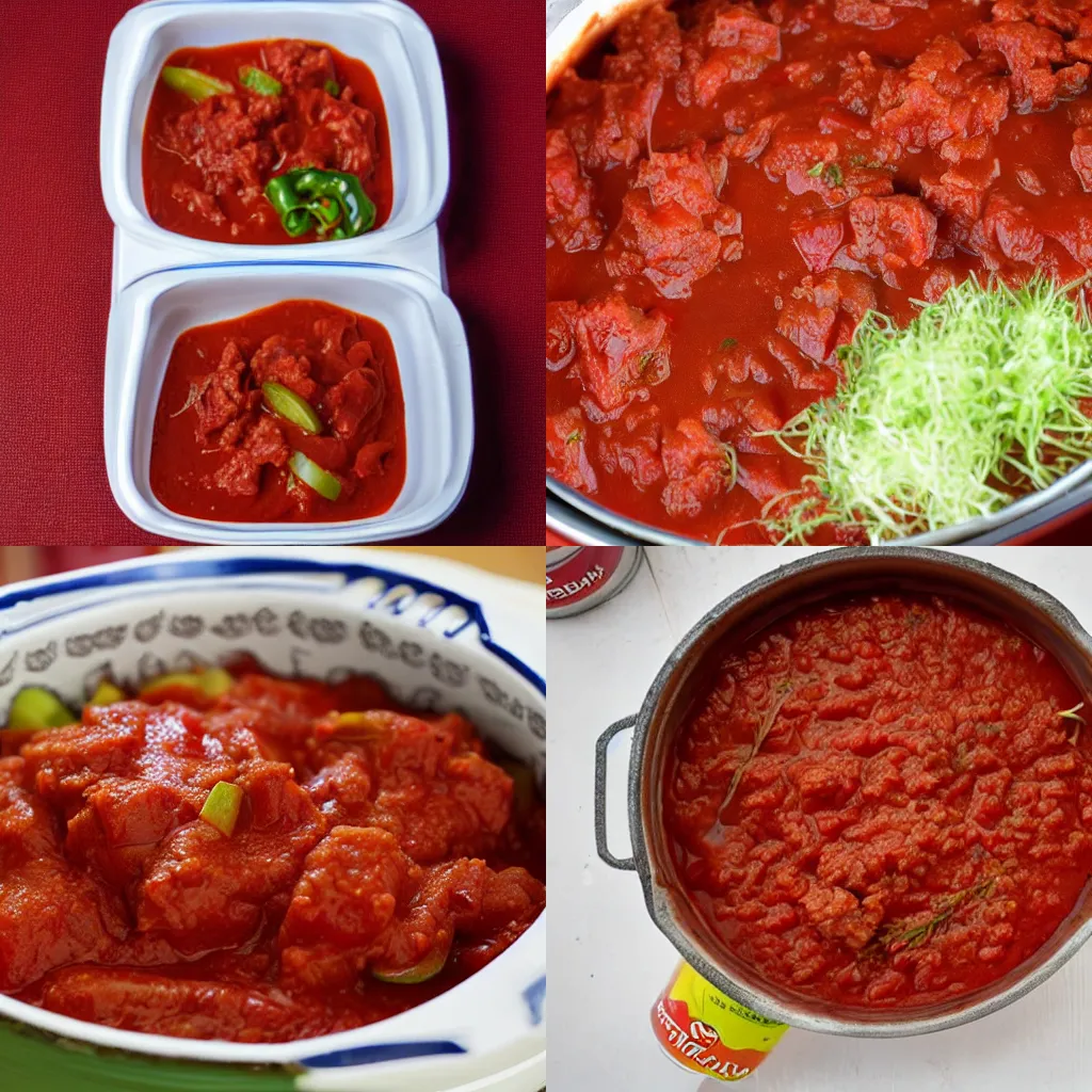 Prompt: Canned Ogre Meat with vegetables in tomato sauce