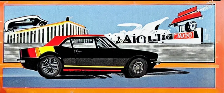 Prompt: black audi camaro b 1 ( 1 9 6 7 ) with burning livery, retro poster, establishing shot