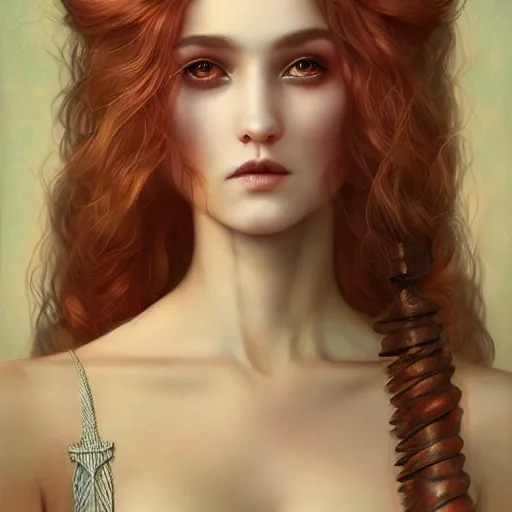 Prompt: tom bagshaw portrait, very beautiful blesed dollpunk in a full dress and long thin lustrous auburn hair, professionally retouched, ultra realistic soft painting, perfectly detailed linework, symmetrical accurate intricate features, behance, focus
