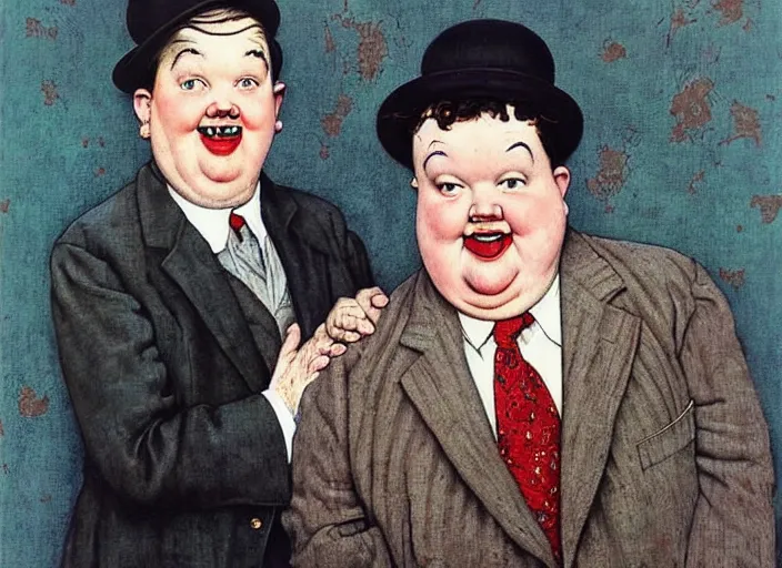 Prompt: “ portrait of laurel and hardy, by norman rockwell and robert crumb, coloured ”