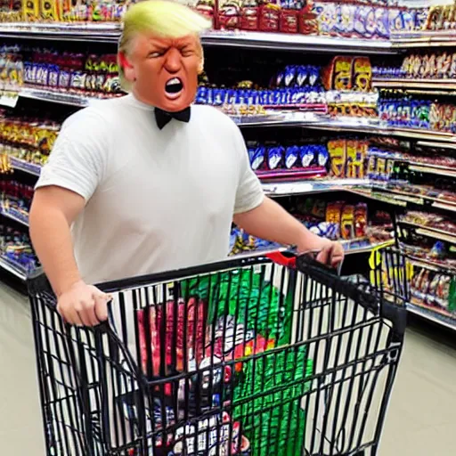 Image similar to a supermarket where every shopping cart includes a tiny, angry clone of donald trump that sits in the basket and screams for the duration of your shopping trip