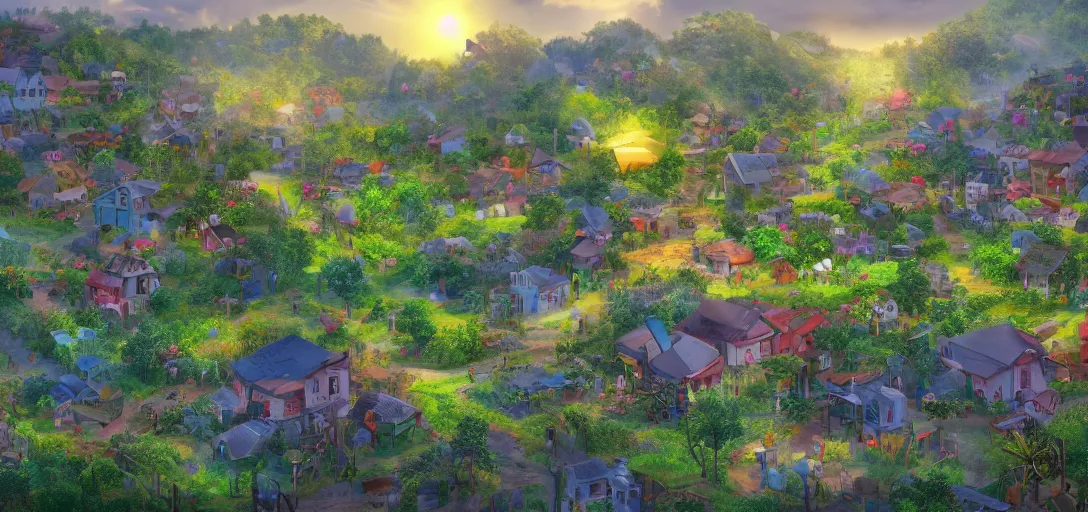 Prompt: Look of a village powered by solar power and sustainability, full daylight, morning, cartoon moody scene, digital art, 8k, colorful details of lush nature covering the streets