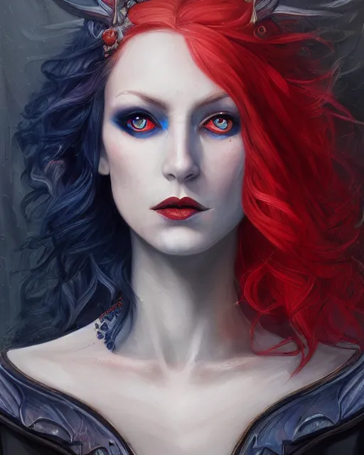 Prompt: A detailed matte oil on canvas head on symmetrical portrait of a distinguished elven woman with a blue eye and a red eye, and red and blue hair by Charlie bowater and lise deharme, trending on artstationhd, dungeons and dragons art critical role
