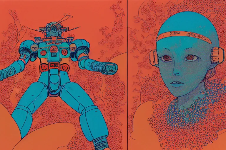 Image similar to risograph grainy drawing vintage sci - fi, satoshi kon color palette, gigantic gundam full - body covered in dead coral reef, 1 9 8 0, kodachrome, natural colors, comicbook spreadsheet, codex seraphinianus painting by moebius and satoshi kon and dirk dzimirsky close - up portrait