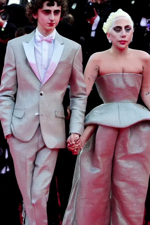 Image similar to timothee chalamet and lady gaga holding hands on the red carpet, beautiful detailed faces, canon eos