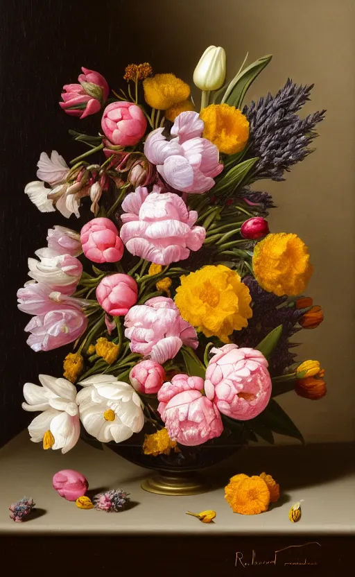 Prompt: still life of flowers, centered, window lighting, old masters, in the style of rachel ruysch, complex 3 d render, ultra detailed, 8 5 mm lens, refined, high definition, pink blossoms, white blossoms, red berries, fruit, lavender, yellow st joseph lily, peonies, foliage, marigold, tulips, blue iris,