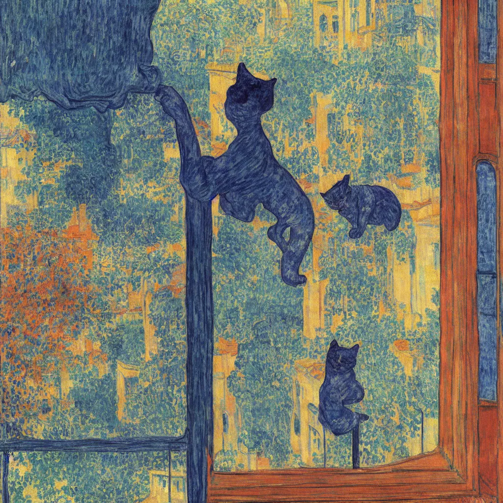 Prompt: woman and cat with city with tall trees and gothic cathedral seen from a window frame with curtains. dark indigo blue, turquoise, gold, earth brown. night with star. bonnard, henri de toulouse - lautrec, utamaro, matisse, monet