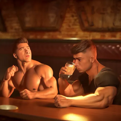 Image similar to cinematic scene with attractive muscular male and another attractive muscular male, drinking their hearts out, in the pub, very detailed, volumetric lighting, still frame