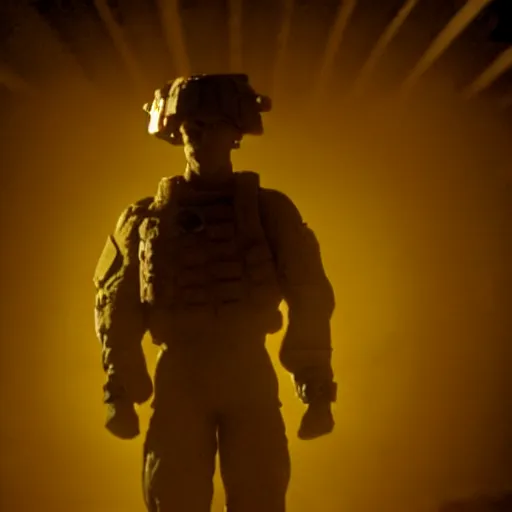 Image similar to soldier is made of rocks, still from the movie universal soldier, fog, dramatic lighting