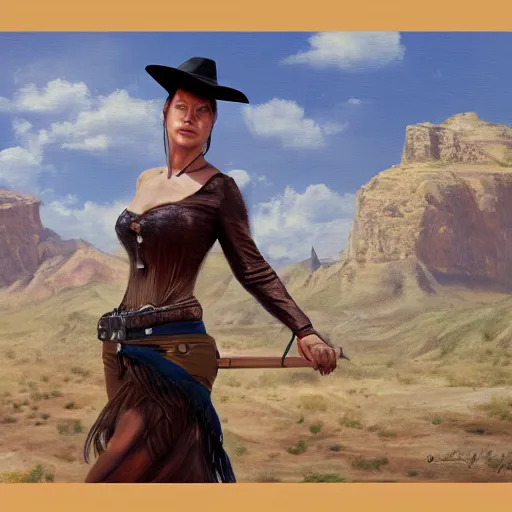 Prompt: a matte painting of the wild west woman, oil painting, pale colors, high detail, 8 k, wide angle, trending on artstation,