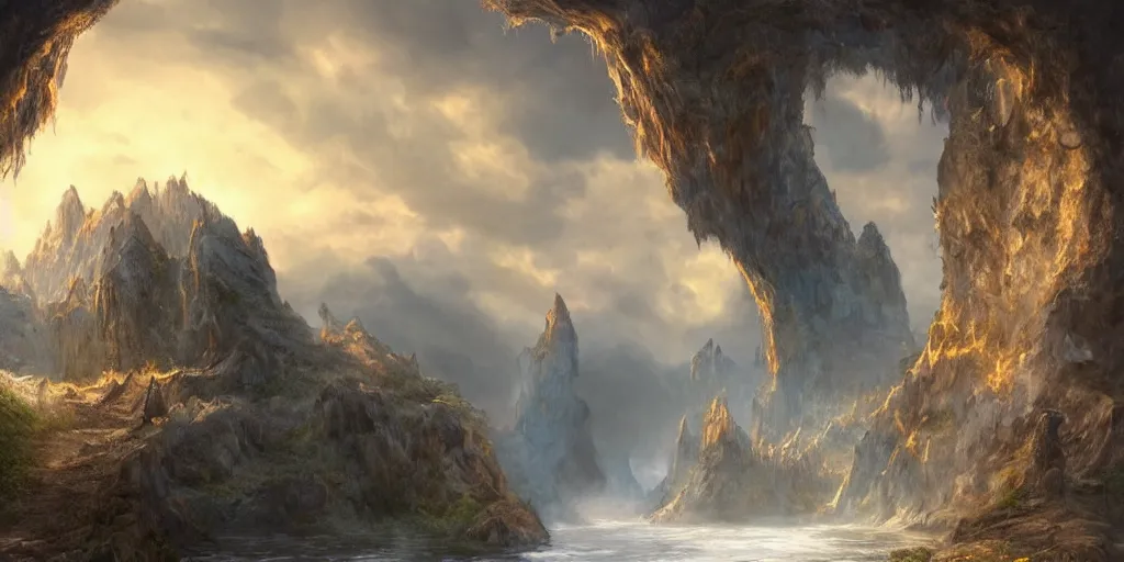 Image similar to beautiful matte painting of a fantasy cave entrance