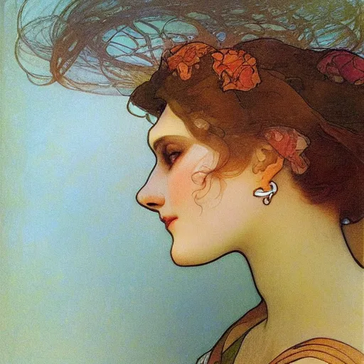 Prompt: beautiful woman's sideface, beautiful background, by alfons maria mucha, highly detailded