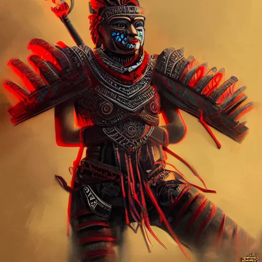 Image similar to maya warrior in a ornated armor preparing for war, full body, dynamic pose, red and black neon, concept art, intricate details, highly professionally detailed, cgsociety, highly detailed -