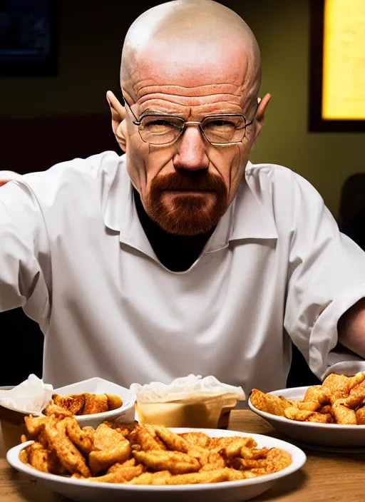 Prompt: portrait of walter white eating chicken sitting down in a fast food restaurant, 4K HD