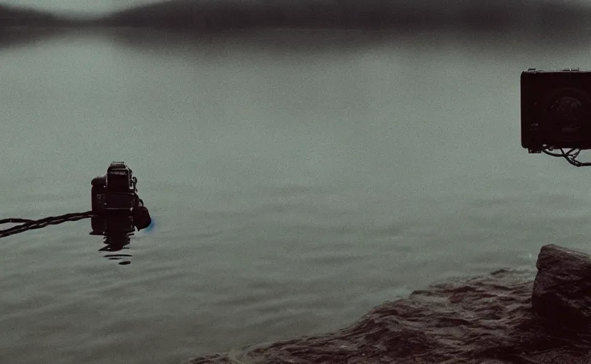 Image similar to cinematic still screenshot detailed photo of a moody lake with a rope floating in the center, shot by saul leiter, camera height 7 feet, moody cinematography, 2 4 mm anamorphic lens