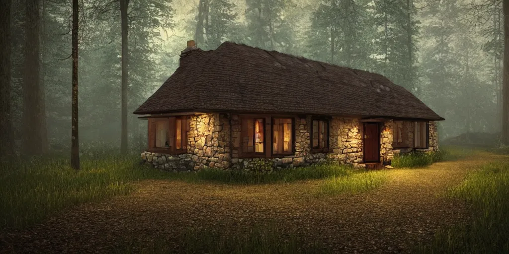 Image similar to a close up of a single cottage in the woods and empty woods, 8k, fantasy, realistic, atmospheric lighting