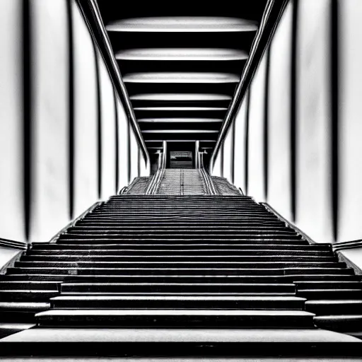 Image similar to black and white surreal photograph, highly detailed vast space made of stairsteps, sideview, detailed textures, natural light, mist, architecture photography, film grain, soft vignette, sigma 1 4 mm f / 1. 4 1 / 1 0 sec shutter, imax 7 0 mm footage