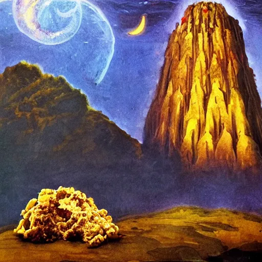 Prompt: an immaculately detailed gothic painting of a crumble surrounded by majestic banana, art by james gurney, quantum wavetracing style