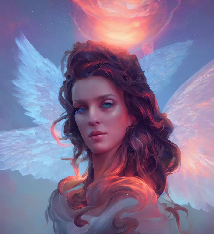 Image similar to centered waist up portrait photography an angel + glowing outlines, bokeh + DOF + 8k, photorealistic + rendered in unreal engine + composition by Peter Mohrbacher + line work by Dan Mumford , ultra realistic + backlit + strong rimlight, sunset + HDRI, HD, Photoreal