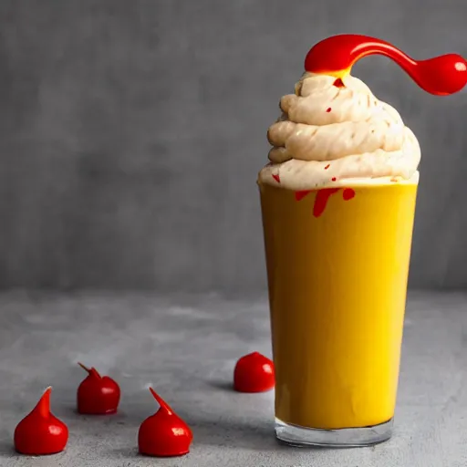 Prompt: photo of a ketchup and mustard milkshake, award winning, 4 k