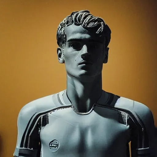 Image similar to “ a realistic detailed photo of a guy who is an attractive humanoid who is half robot and half humanoid, who is a male android, soccer player antoine griezmann, shiny skin, posing like a statue, blank stare, at the museum, on display ”