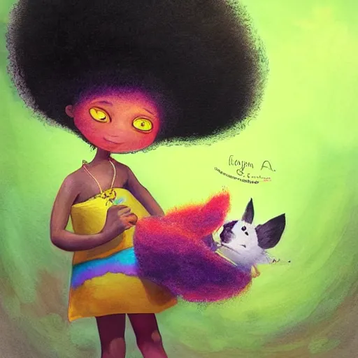 Image similar to a black princess girl with a colorful afro and big beautiful eyes playing with her furry pet, bright colours, watercolor, volumetric wool felting, macro photography, children illustration, by goro fujita