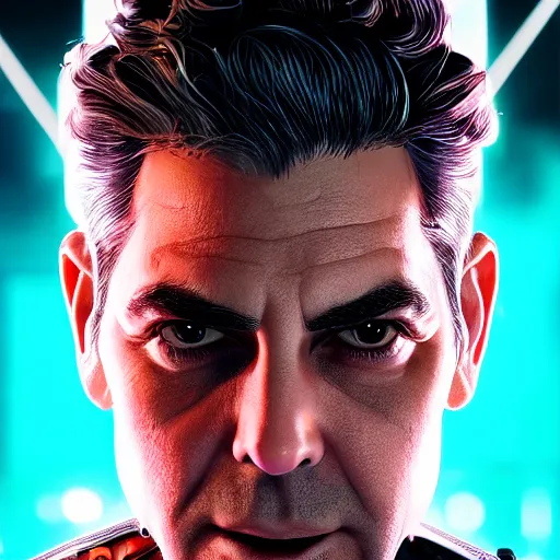 Image similar to young george clooney portrait, cyberpunk 2 0 7 7, cyberpunk jackie welles, photorealistic, ultra detailed, neon, octane, bokeh, cinematic lighting, cyber, cyberpunk city, studio quality, feature, scars, cyberface, 8 k