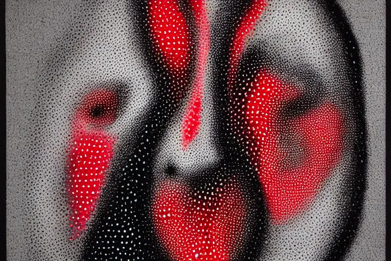 Prompt: face made out of mist, faceless people dark, dots, drip, stipple, pointillism, technical, abstract, minimal, style of francis bacon, asymmetry, pulled apart, cloak, hooded figure, made of dots, abstract, balaclava, red dots