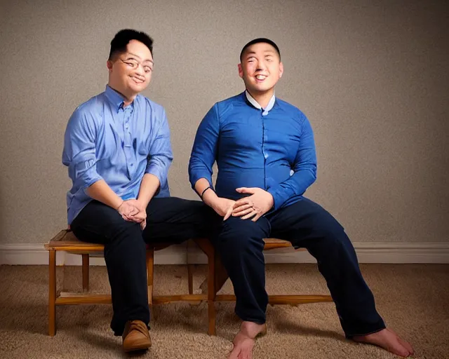 Image similar to Maternity photo of an attractive young East Asian-American gay couple, both men are 9 months pregnant